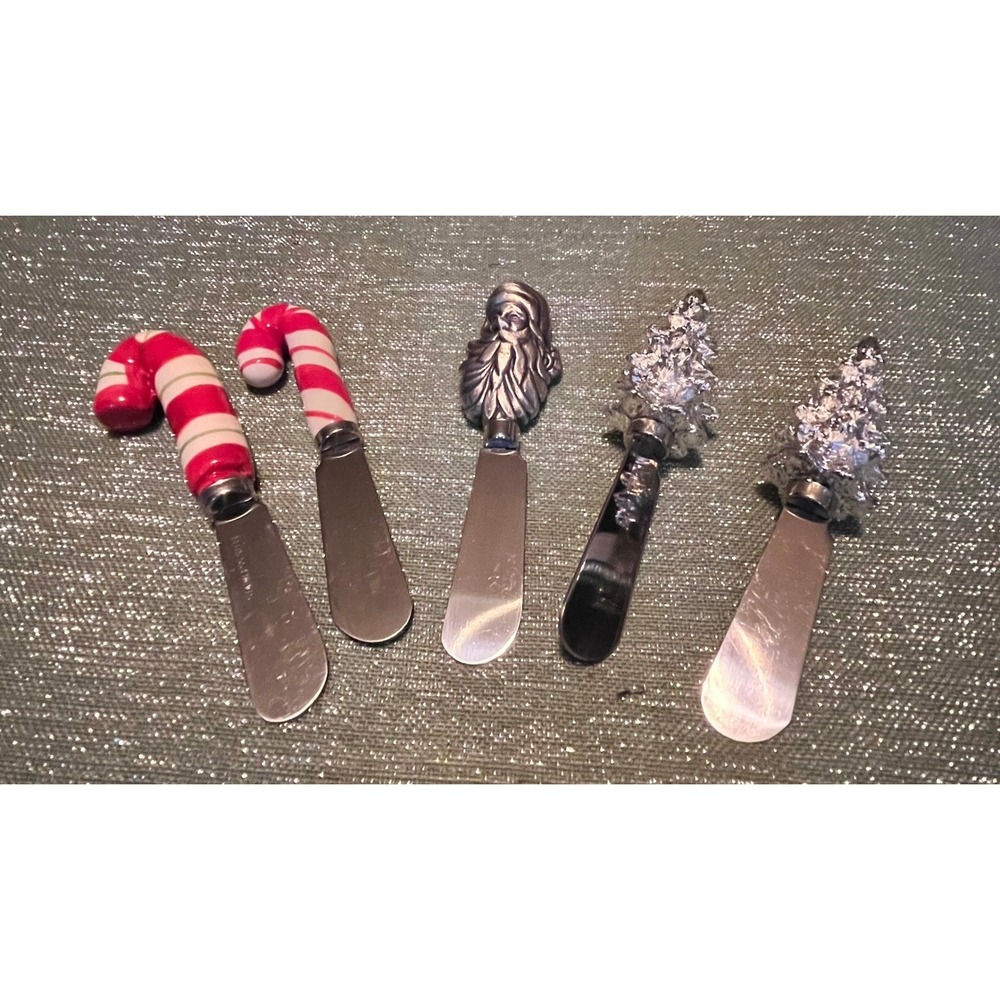 Set of 5 Christmas Holiday Cheese Knives/Spreaders Stainless Steel